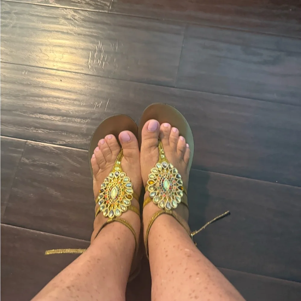 Embellished Gold T-Strap Women's Sandals